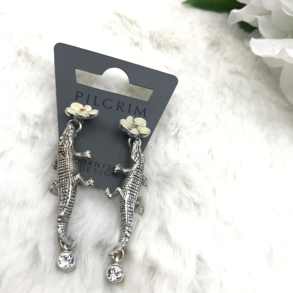 Silvertone White Enamel Crystal Alligator Earrings - Picture 6 of 8